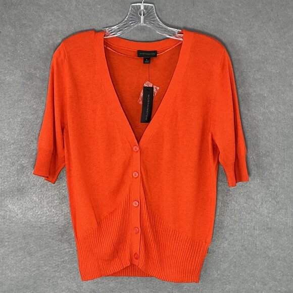 Worthington Cardigan Womens Sz L Cyber Orange Short Sleeve V-Neck Knit Sweater - Picture 1 of 13